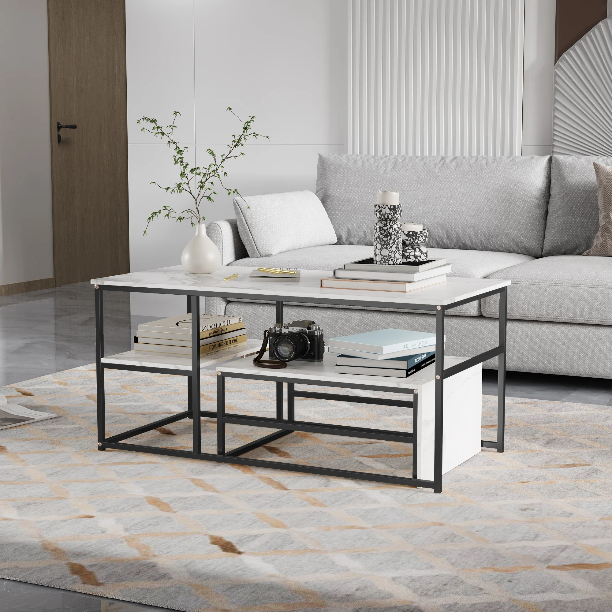 Rosahqnda Couchtisch 2er set-Couchtisch Holz mit Metallrahmen-sofa tisch für Wohnzimmer- Weiß