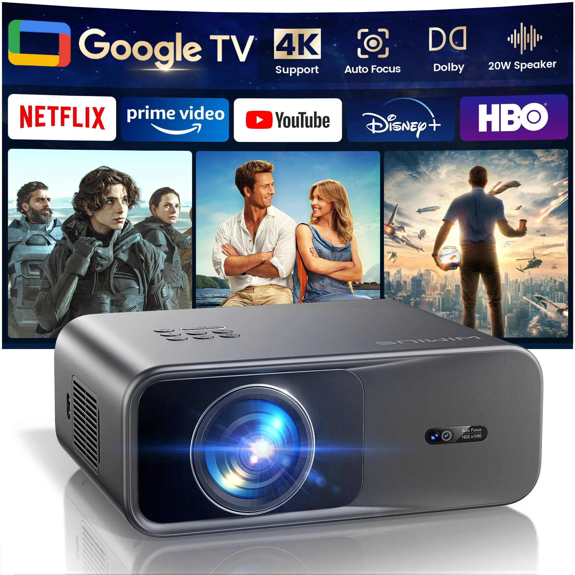 WIMIUS 1200 ANSI Google TV Proiettore 4K Supporto FHD 1080P Fascio Mini Proiettori per Film Home Theater WiFi BT5.2 Proiettore Laser