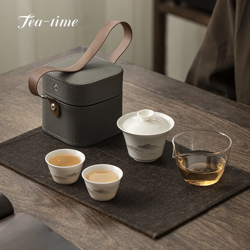 Schafe Fett Jade Reise Outdoor Tragbare Tee-Set Tee Tassen Set Abdeckung Schüssel Keramik Camping Puer Chinesische Tasse Paar Gongfu Porzellan Image