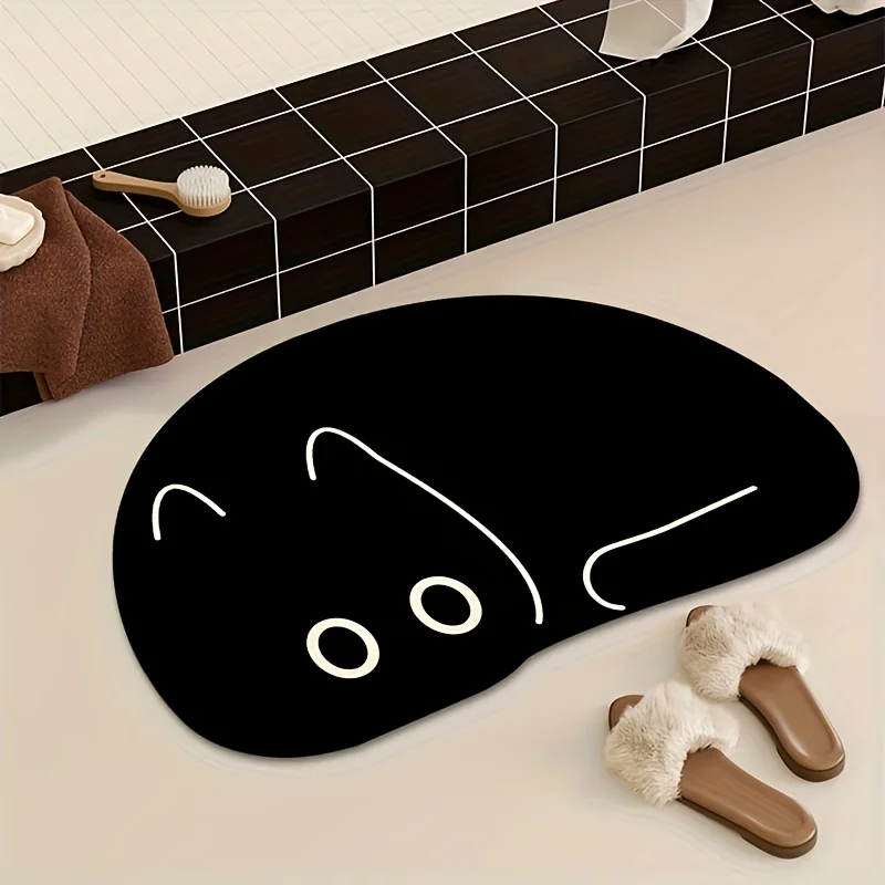 VIKAMA Cartoon Schwarze Katze Bodenmatte Küchenteppich Niedlicher Teppich Fußmatte Willkommensmatte Badezimmermatte Teppich für Schlafzimmer Teppich für Wohnzimmer Image