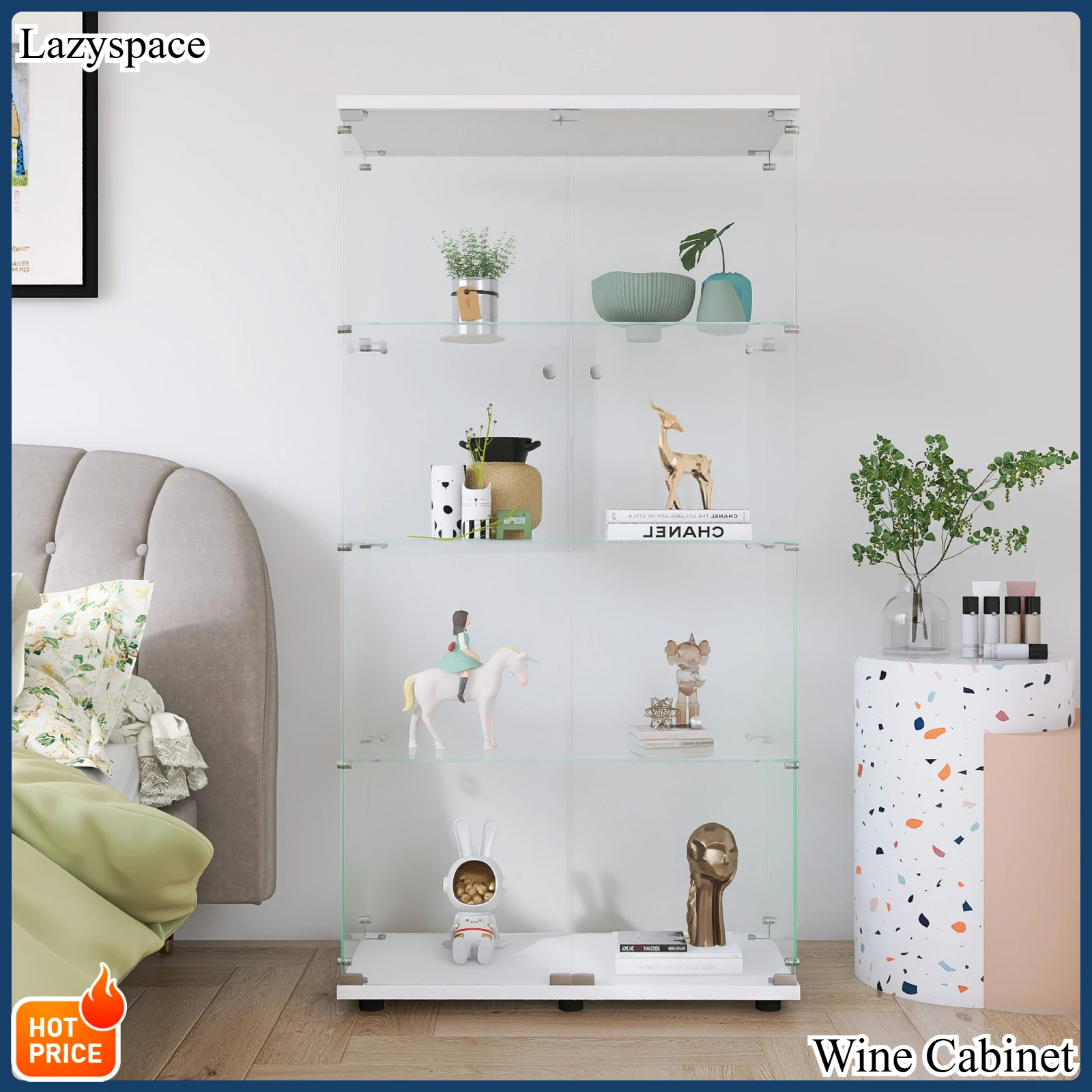 Lazyspace Vitrine, Material aus gehärtetem Glas, mit 2 Türen und 4 Regalen, Kuriositätenschrank, Weinschrank, für Wohnzimmer, Büro