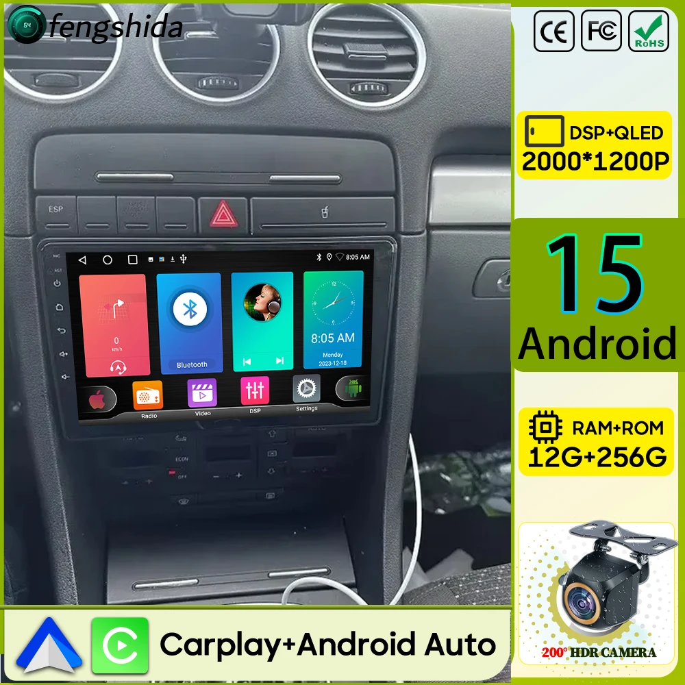Autoradio Carplay Für Audi A4 2 3 B6 B7 S4 RS4 2000-2009 Navigation GPS Android Auto Android 15 5G Multimedia Player 4G Keine 2din Image