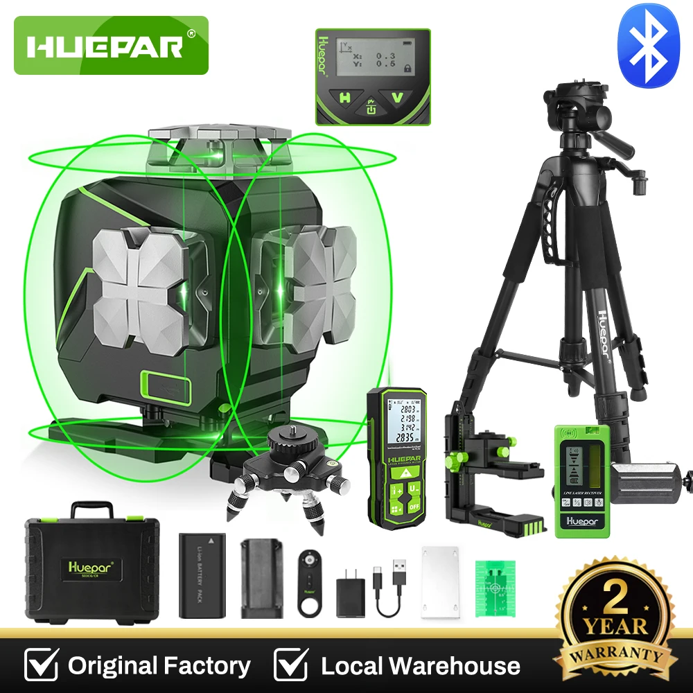 Huepar 4D 16-Linien-Laser-Nivelliergerät, selbstnivellierend, 4 x 360 ° Cross Line LCD-Bildschirm, Bluetooth-Fernbedienung, grüner Strahl, Fliesenboden mit Empfänger Image