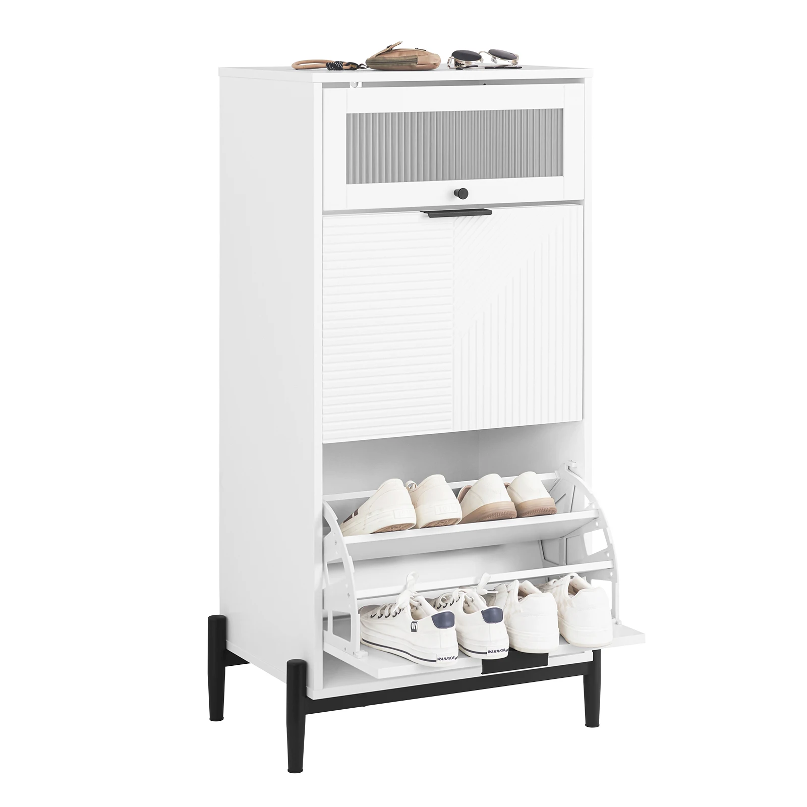SoBuy FSB95 Schuhkipper mit 2 Klappen Schuhablage Schuhschrank schmal Schuhregal mit 4 Ablageflächen Schuhkommode Weiß 59x115x40