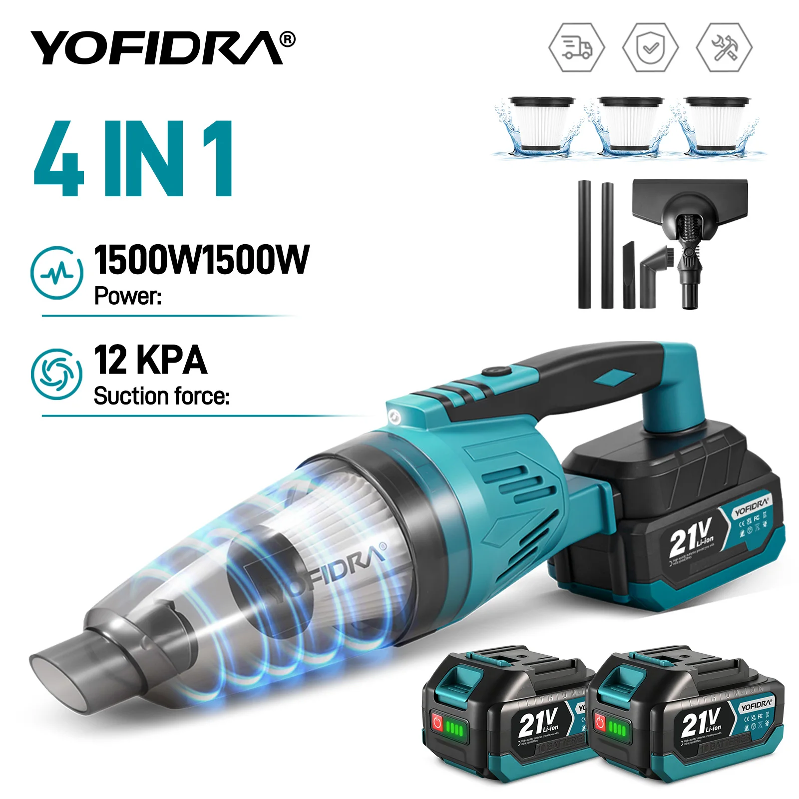 YOFIDRA 4IN1 Elektrische Staubsauger 1500W 12KPA Drahtlose Vakuum Hause Auto Reinigung Werkzeuge mit 3 stücke Filter Für makita Batterie Pin Image