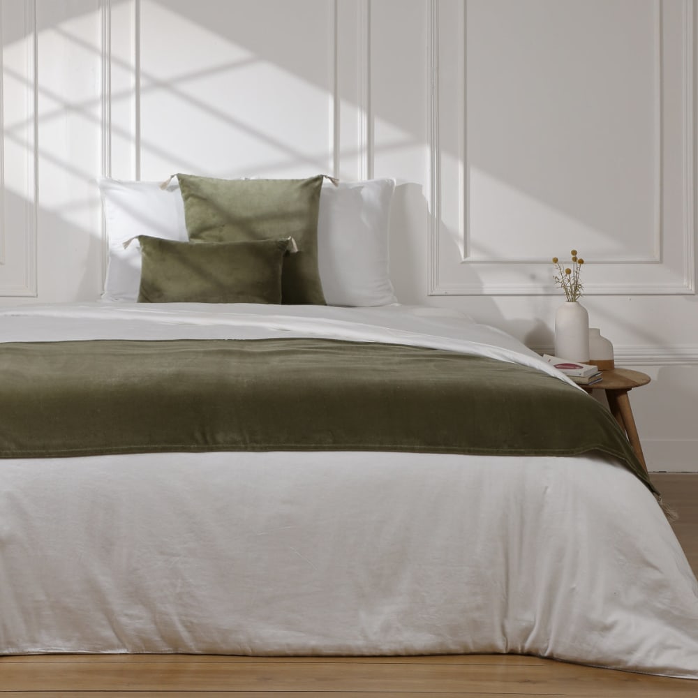 Chemin de lit velours de coton vert kaki 90x200