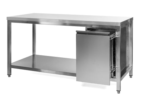 VM Europa Edelstahl Arbeitstisch mit Grundboden, Abfallbehälter rechts, Premium - alle Größen montiert: 120 x 70 cm / ohne Aufkantung / fertig montiert Image