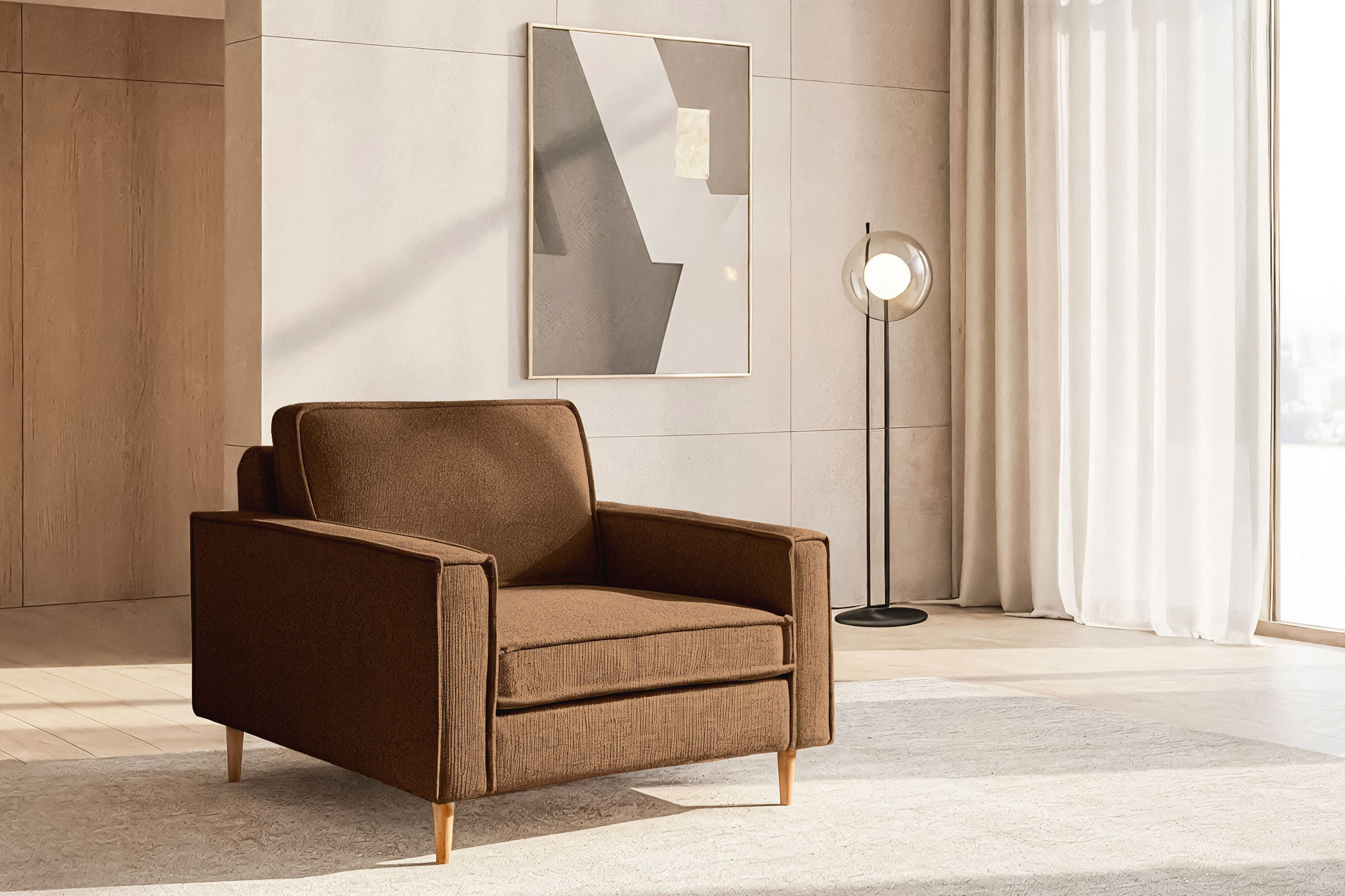 Loveseat HOME AFFAIRE "Pinto Skandi 105 cm, Chenille, Struktur", brick rot, B:105cm H:85cm T:97cm, 100% Polyester, Sessel, mit Keder, Massivholzfüße Eiche geräuchert