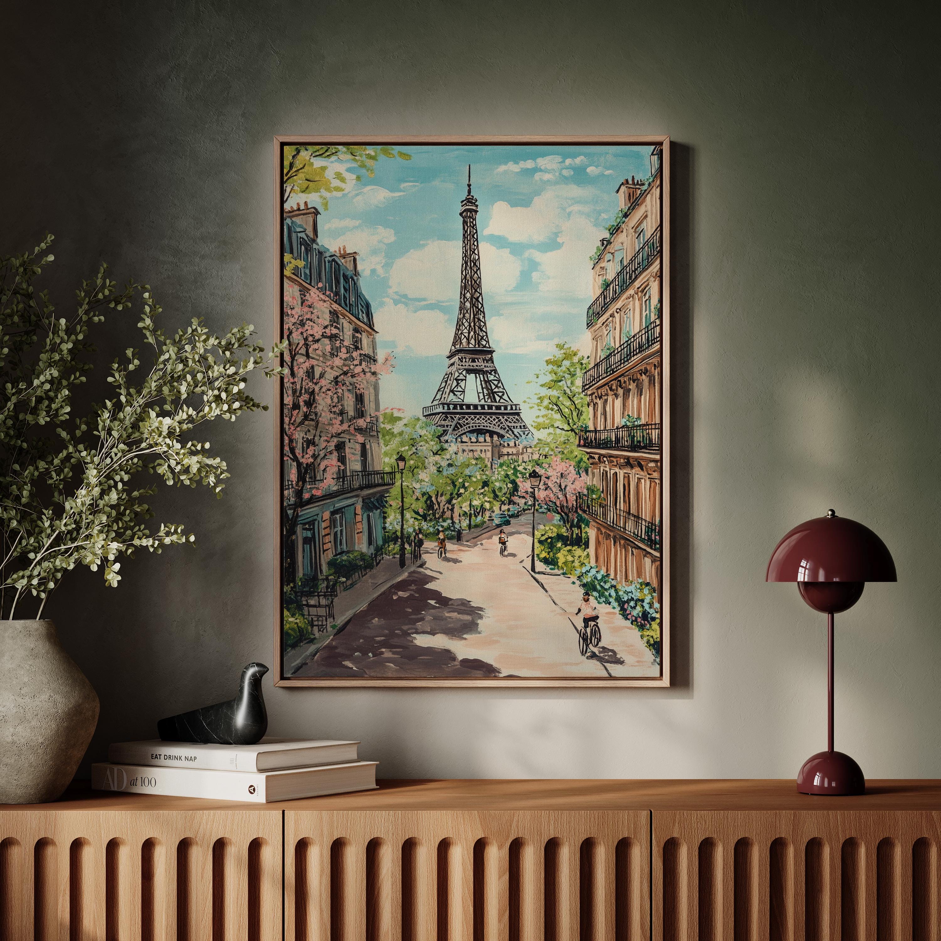 Quadro su tela raffigurante Parigi, vista sulla Torre Eiffel in primavera, poster con biciclette e fiori, dipinto di paesaggio urbano francese per l'a