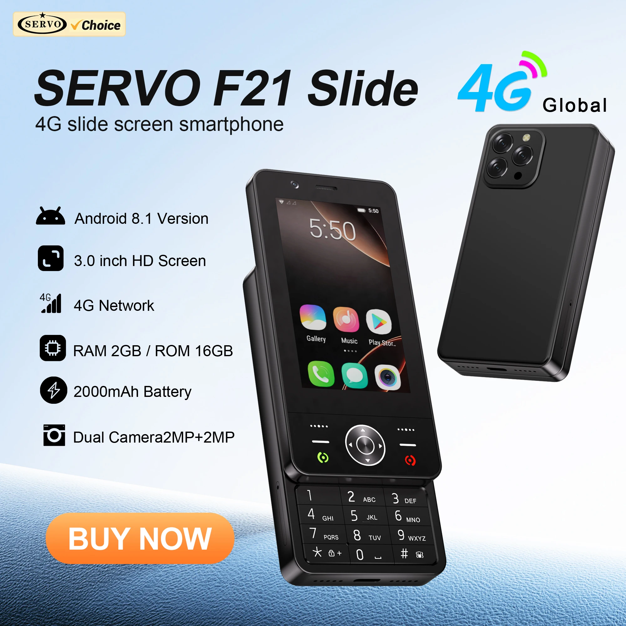 SERVO F21 SLIDE 4G LTE Button Smartphone Android System 2GB+16GB Google Play WiFi FM 3.0