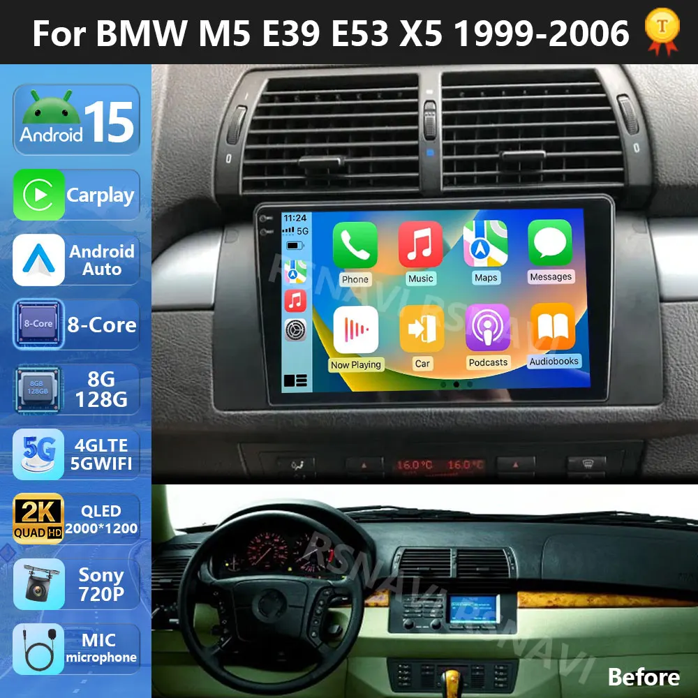 Stecker und Spielen Android 15 Für BMW 5 E39 1996-2003 E53 X5 M5 2K QLED Auto Radio Multimedia video Player GPS CarPlay Kopf Einheit BT Image