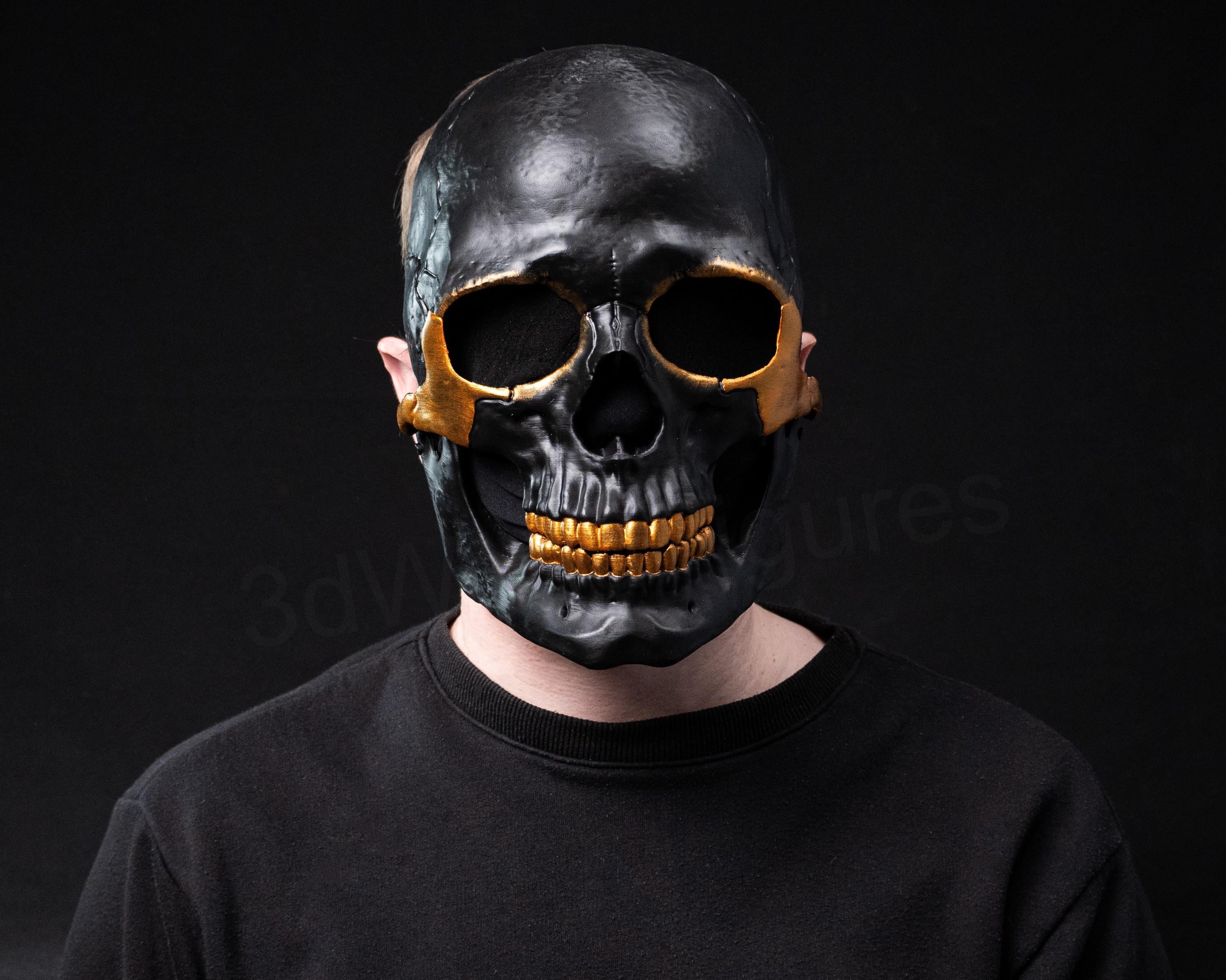 Maschera teschio con mascella mobile - Maschera teschio nera - Maschera nera dorata - Maschera tattica - Maschera teschio di Halloween - Maschera indo