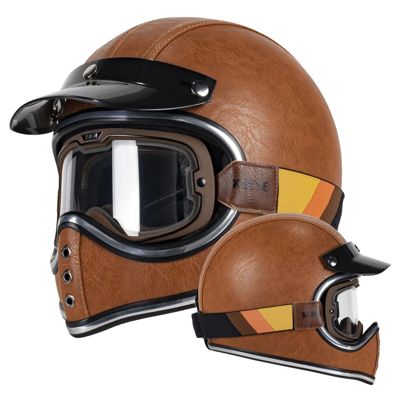 Retro-Motorrad-Vollhelm aus braunem Leder mit photochrome Schutzbrille, Fiberglas, leicht, mit Krempe für Fahrradbegeisterte Image