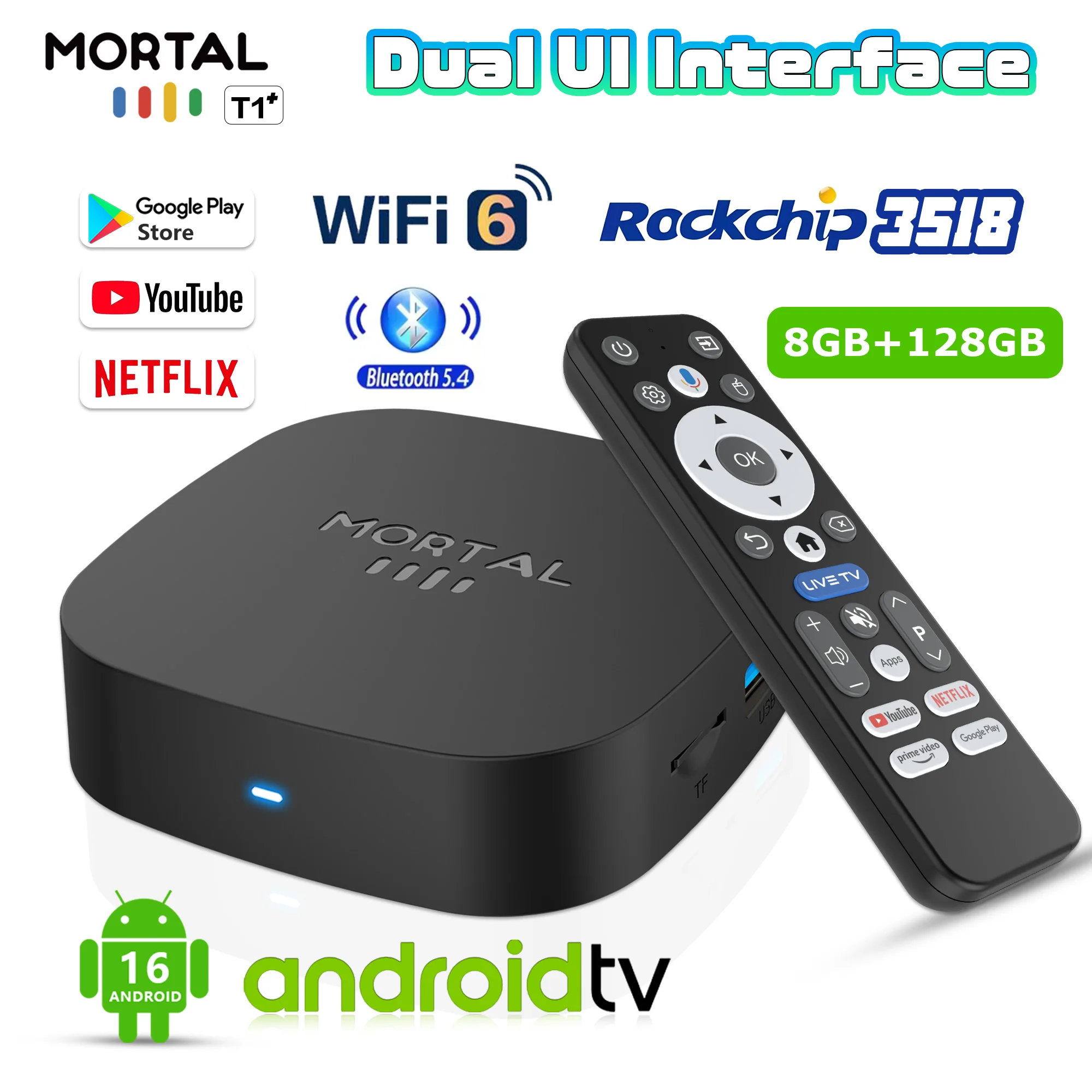 Nuovo T1+ 8K HD TV Box Android 16.0 RK3518 Quad Core 8GB RAM 128GB ROM Dual Wifi 2.4G/5.8G Lettore Multimediale per Home Theater