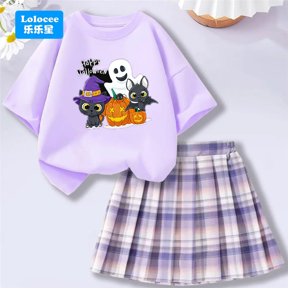 Kurzarm-T-Shirt für Kinder und karierter Faltenrock, süßes Halloween-Geister-Katzen-Cartoon-Druck-Mode-Outfit WSJBF1 Image