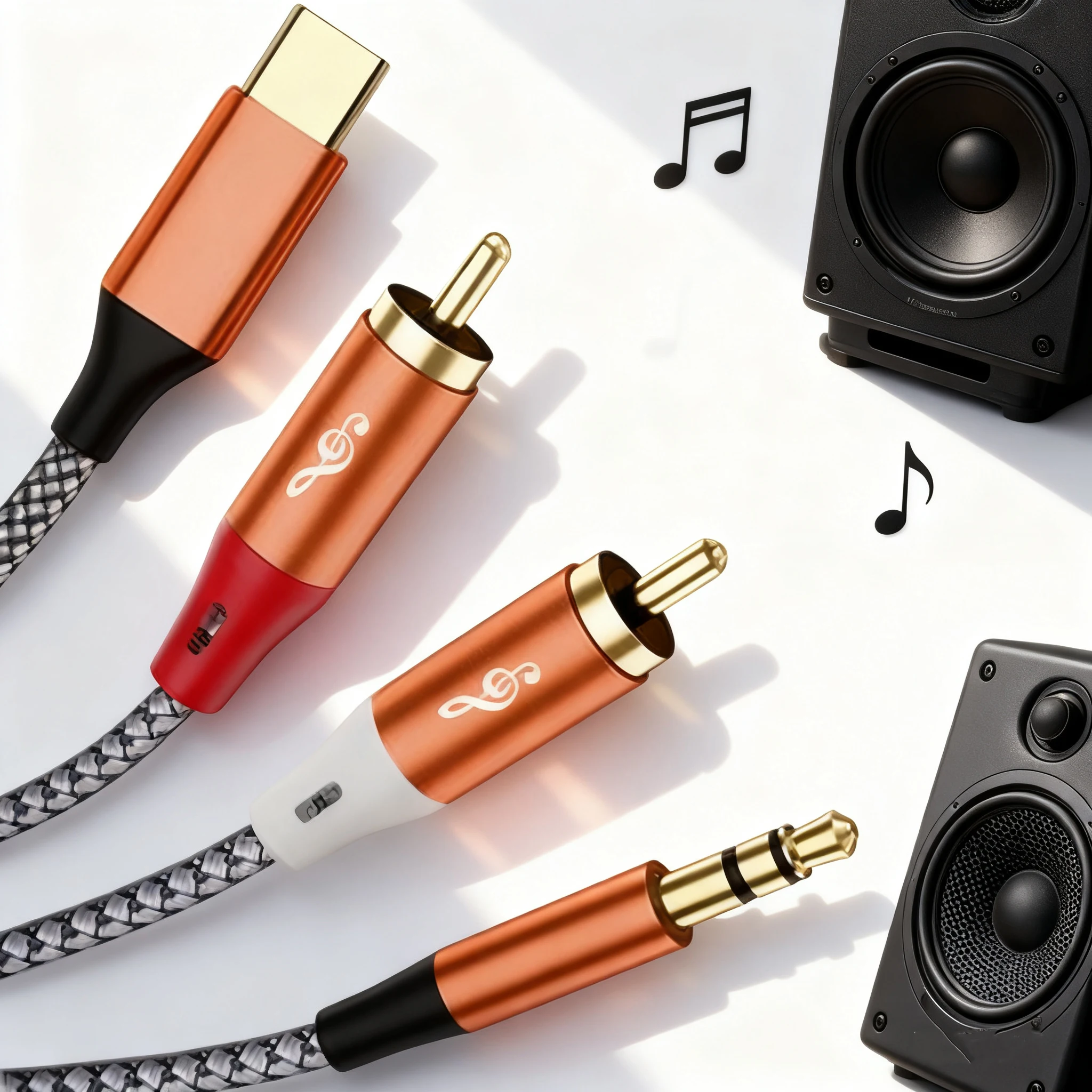 Orangefarbenes 3,5-mm-auf-2-RCA-Stereokabel, unsymmetrisch auf symmetrische Konvertierung, kompakt und langlebig, kompatibel mit Fernsehern / Computer / Telefon Image