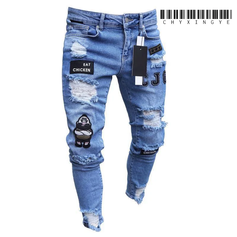2023 Weiße Stickerei Skinny Ripped Jeans Männer Baumwolle Dehnbar Slim Fit Hip Hop Denim Hosen Lässige Jeans für Männer Jogging Hose