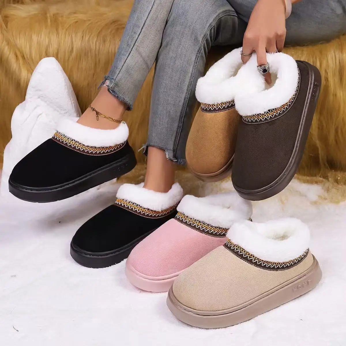 2025 New Winter Fur Women Shoes Warm Men Shoes Outdoor Plush Shoes Indoor House Shoes Antiskid Padded Platform Shoes Home Shoes