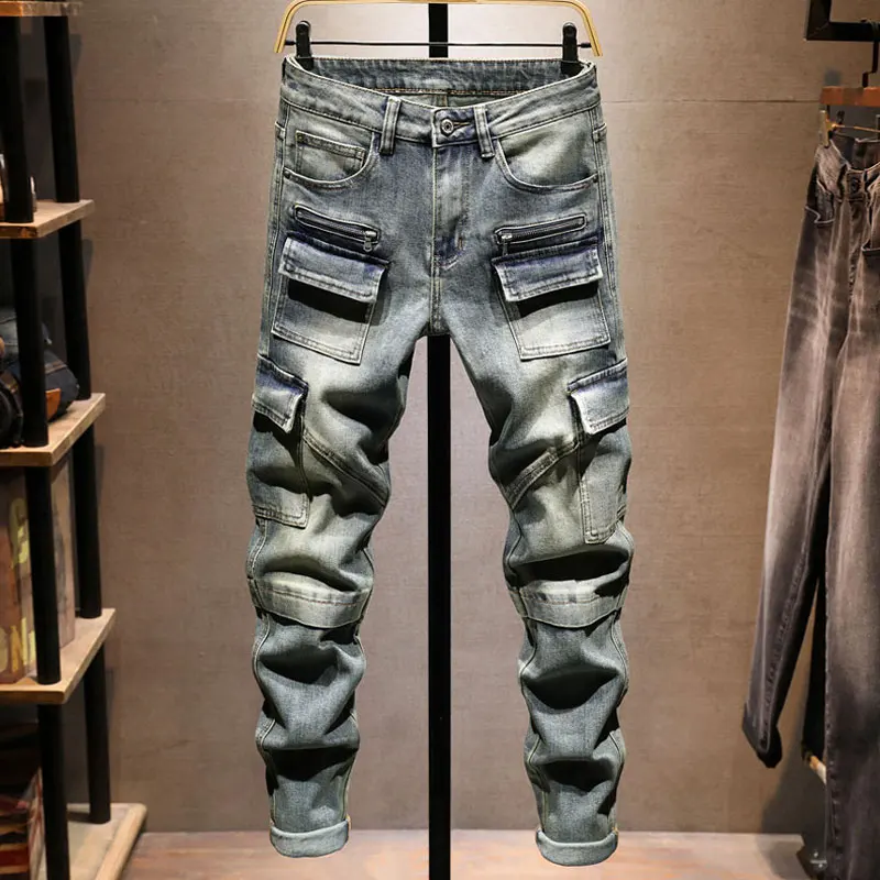 Street Fashion Designer Männer Jeans Retro Gewaschen Blau Stretch Slim Fit Multi Taschen Denim Cargo Hosen Hombre Hip Hop Biker Jeans
