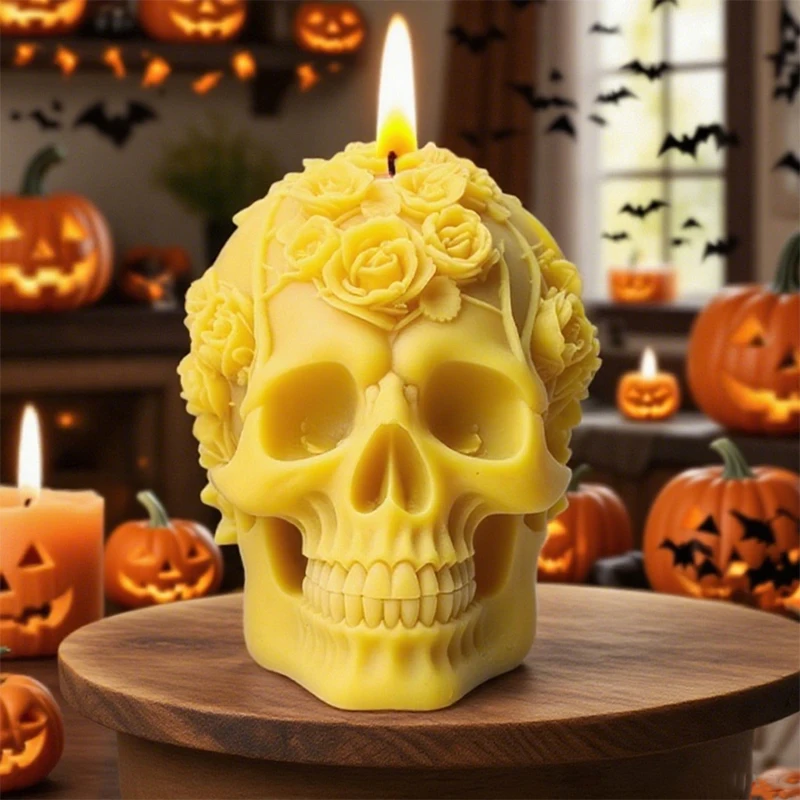 1 Stück, DIY Halloween Rose Schädel Kerze Silikonform tropfendes Harz Gips Dekoration handgemachte kreative Ornament Image