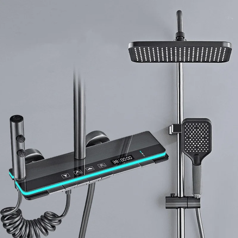 Temperatur Digital Display Dusche Set Dusche Wasserhahn System Set Heiß Kalt Mit Umgebungs Licht Bad Wasserhahn Dusche Kopf