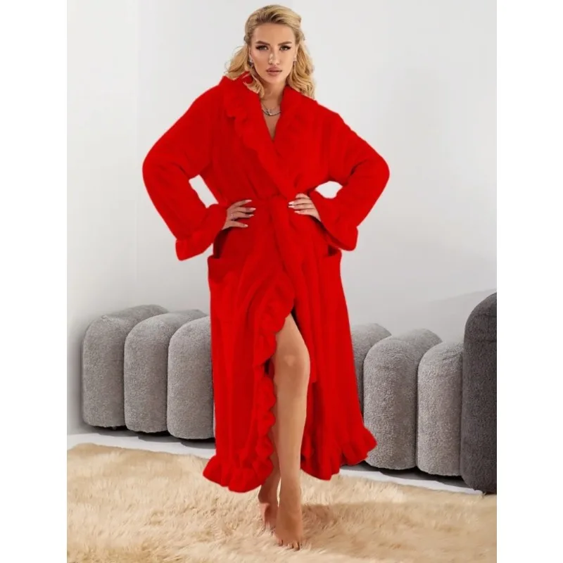 Lange warme Robe für Damen, Heimkleidung, 2025, Herbst und Winter, verdickter Bademantel aus Korallensamt, lässig, weich, solide Schnür-Loungewear Image