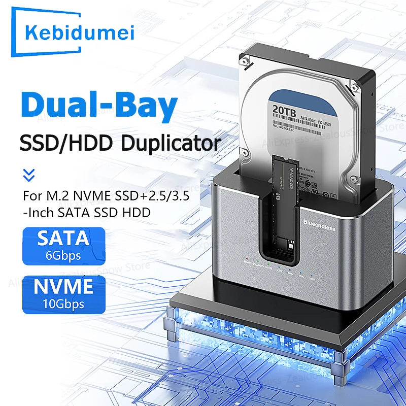 Dual Bay 2,5"/3,5" SATA HDD SSD Dockingstation 10Gbps M.2 NVMe Gehäuse Offline Clone Festplattendock für 2,5'' 3,5'' HDD/SDD Image
