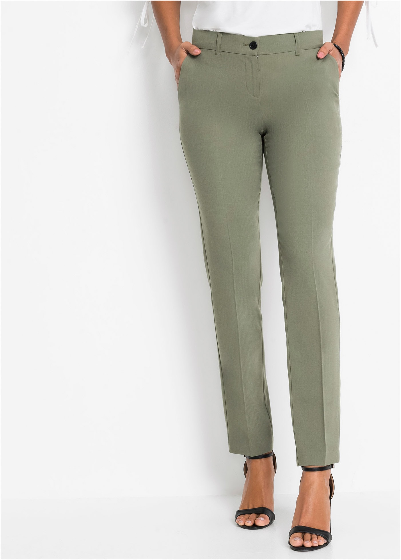 Anzughose BONPRIX "Anzugshose", Damen, Gr. 44, K-Gr, grün (oliv), Obermaterial: 76% Polyester, 22% Viskose, 2% Elasthan, slim fit, Hosen Anzughose, Anzugshose