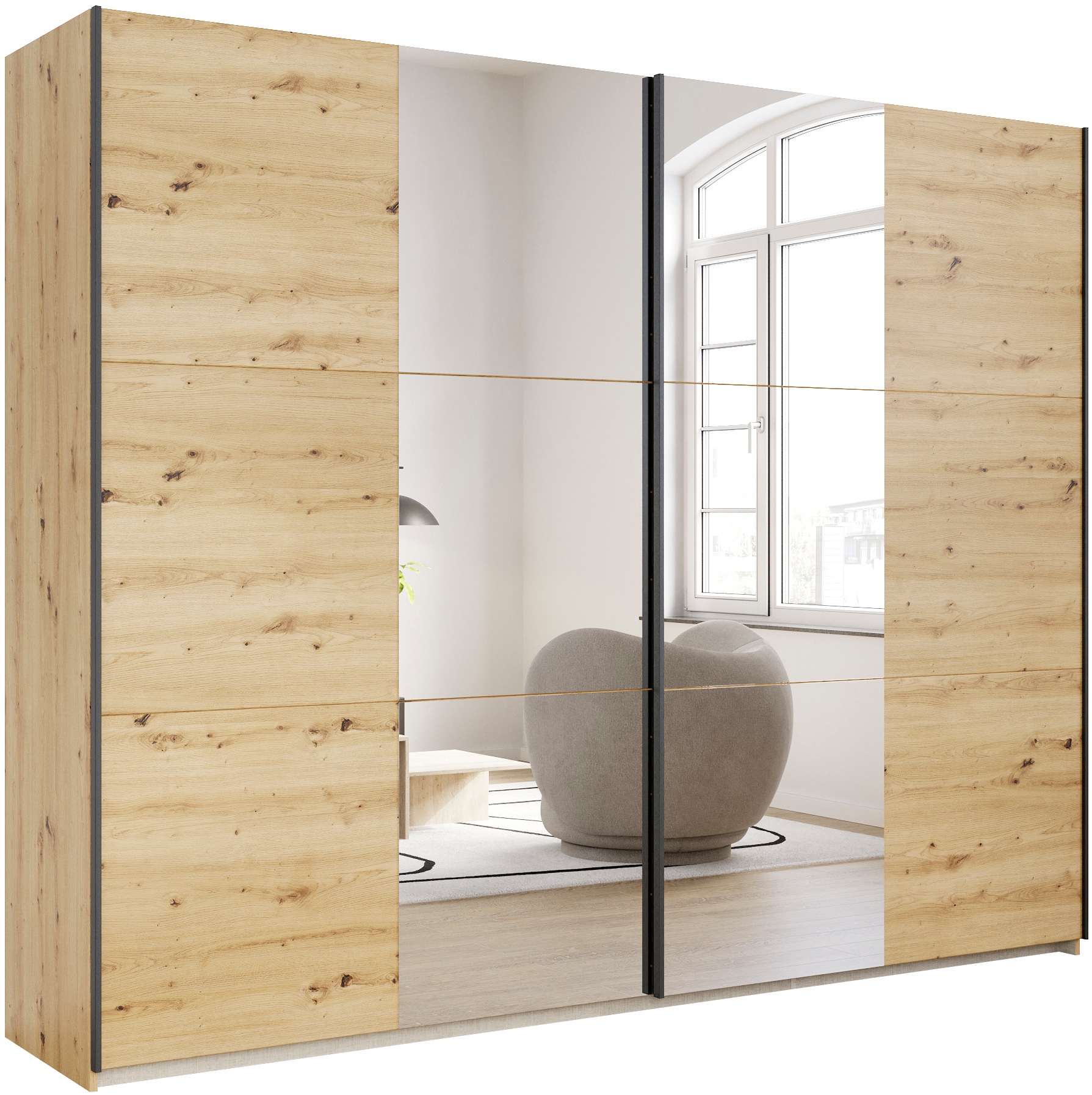 Schwebetürenschrank RAUCH "Kleiderschrank Drehtürenschrank Schrank Garderobe KRONACH TOPSELLER", braun (eiche artisan, griffleisten grau, 2 spiegel), B:261cm H:210cm T:59cm, Holzwerkstoff, Schränke, Schwebetürenschrank, mit Spiegel und viel...