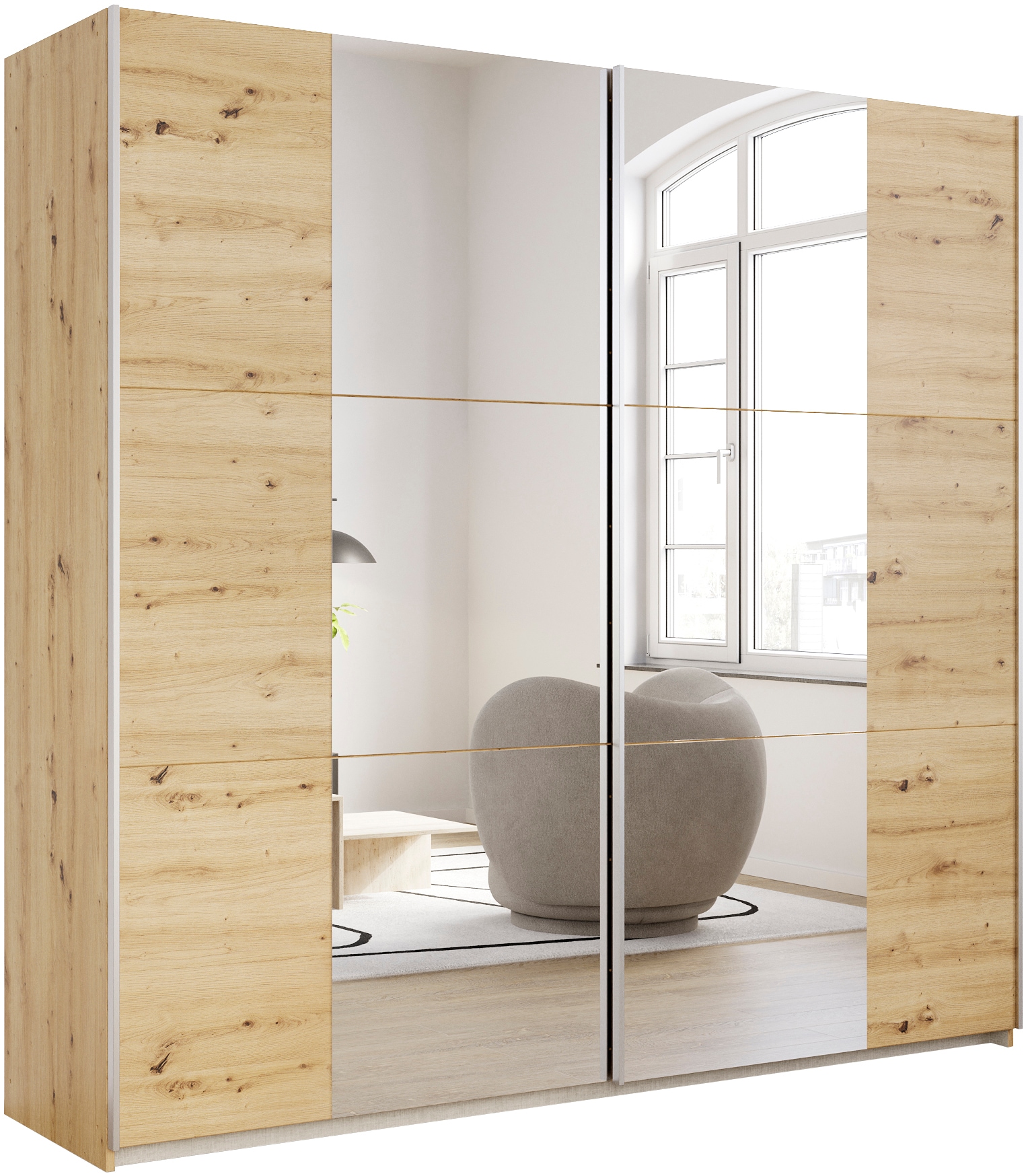 Schwebetürenschrank RAUCH "Kleiderschrank Drehtürenschrank Schrank Garderobe KRONACH TOPSELLER", braun (eiche artisan, griffleisten alu, 2 spiegel), B:218cm H:210cm T:59cm, Holzwerkstoff, Schränke, Schwebetürenschrank, mit Spiegel und viel Stauraum,...