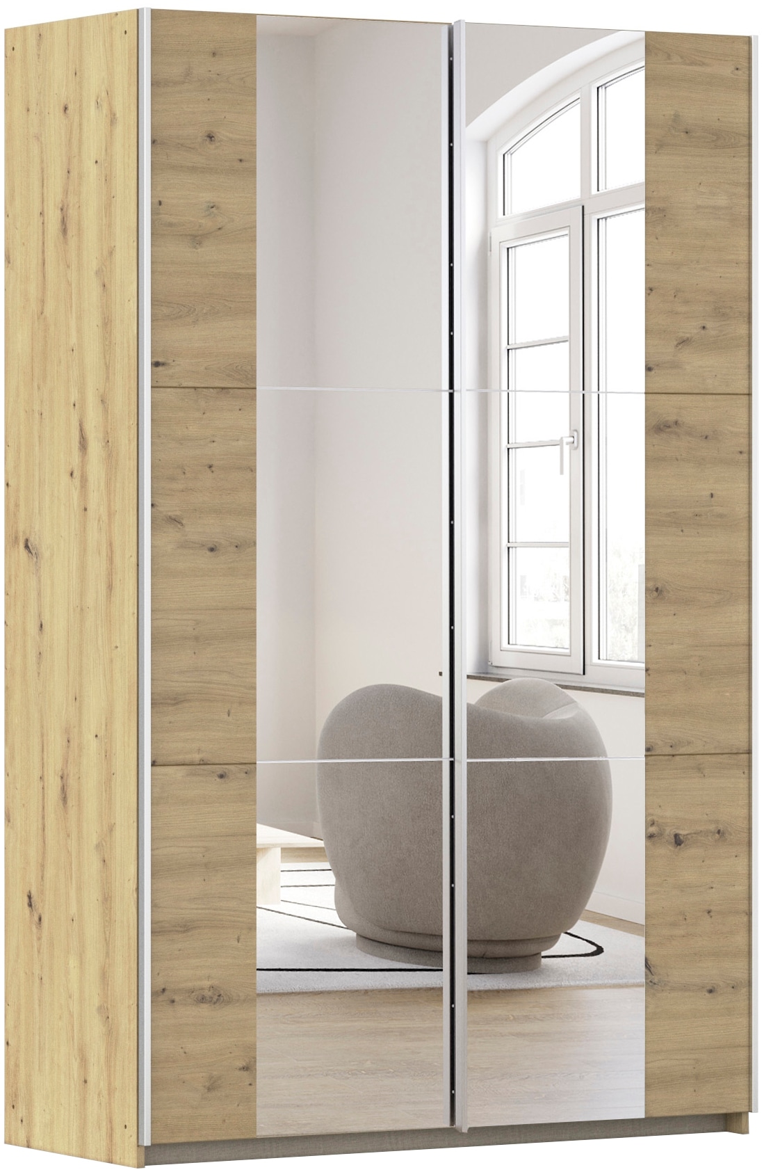 Schwebetürenschrank RAUCH "Kleiderschrank Drehtürenschrank Schrank Garderobe KRONACH TOPSELLER", braun (eiche artisan, griffleisten alu, 2 spiegel), B:131cm H:210cm T:59cm, Holzwerkstoff, Schränke, Schwebetürenschrank, mit Spiegel und viel Stauraum,...