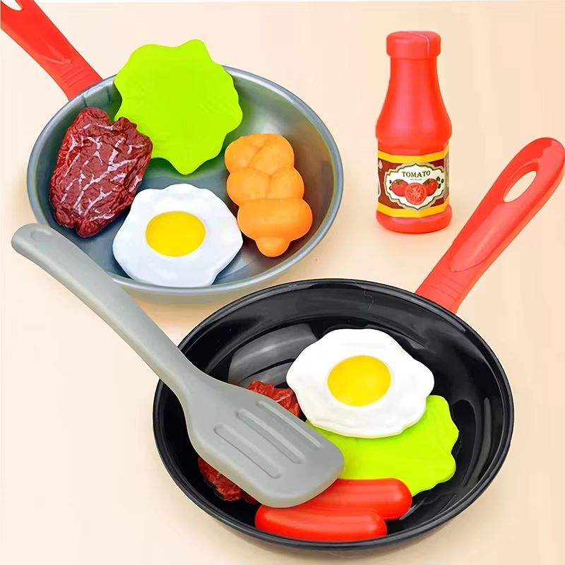 8 Piece Kids Pretend Play Kitchen Food & Cookware Set With Pot, Veggie, Meat, Bread, Omelette And Hot Dog silver