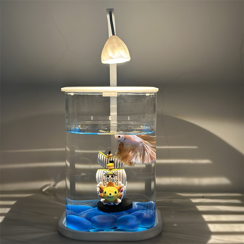Betta Fish Mini Desktop Glass Aquarium Tank With LED Light For Kids Betta Fish with Pink Crystals