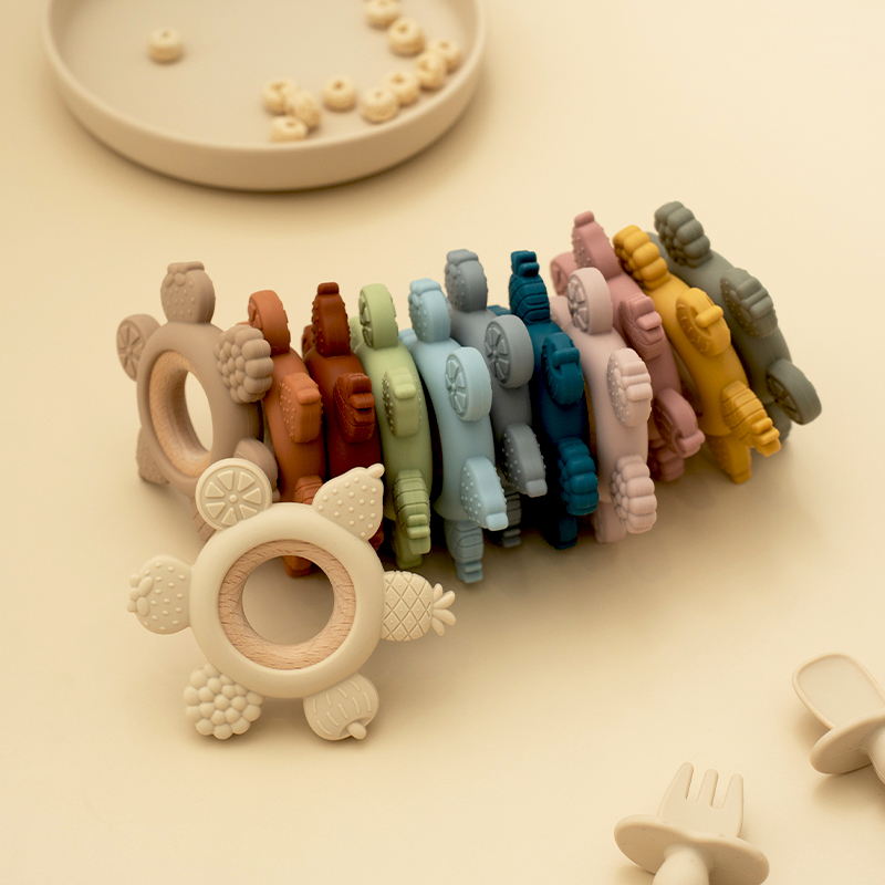 Silicone Teether With Wooden Ring, Baby Fruit Teething Toys BPA Free, Infant Chewing Toy For Boys Girls, Newborn Babies fruit Sandy