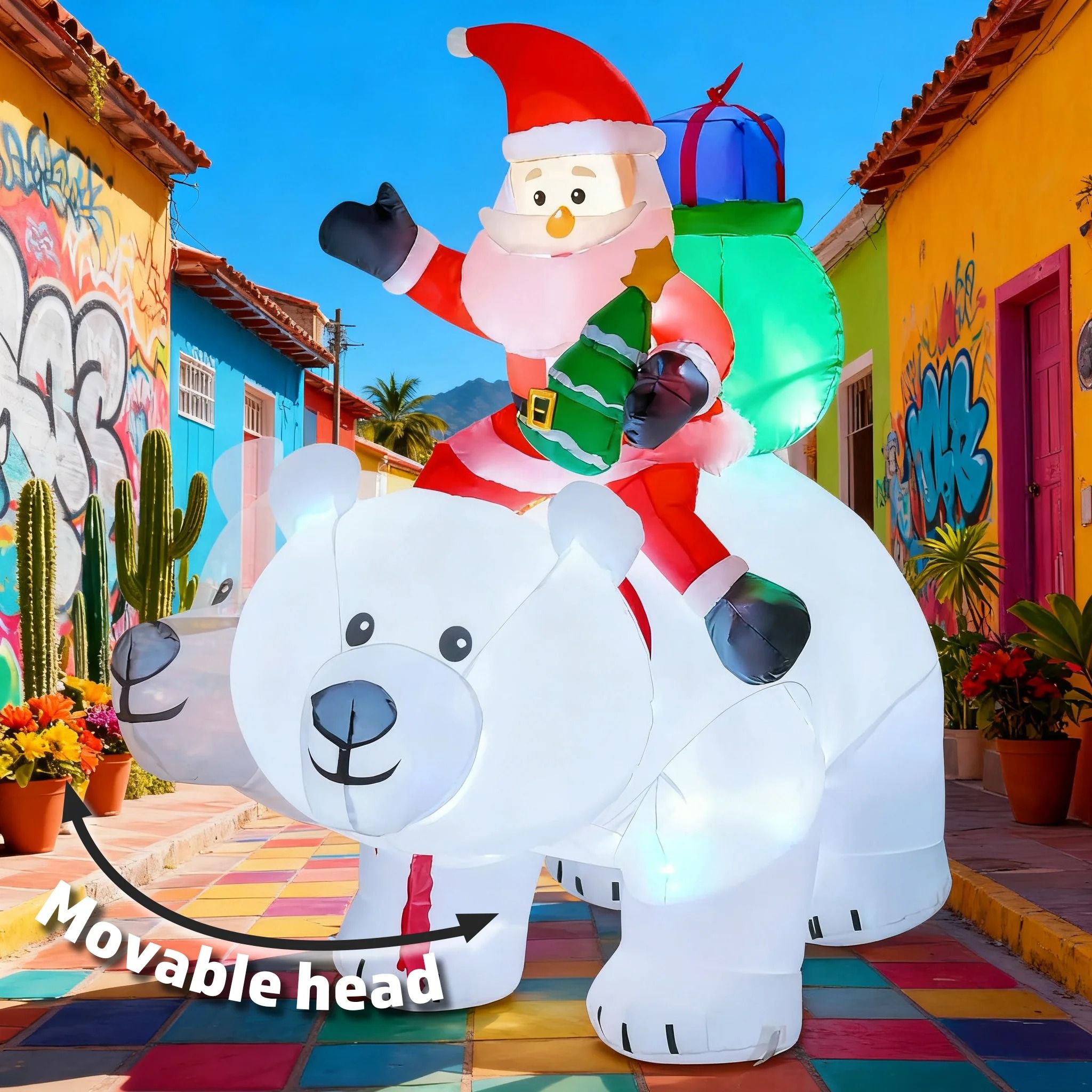 Movable Head Bear Santa Christmas Inflatable Yard Decoration With LED Light eu 210 Cm Bear Santa