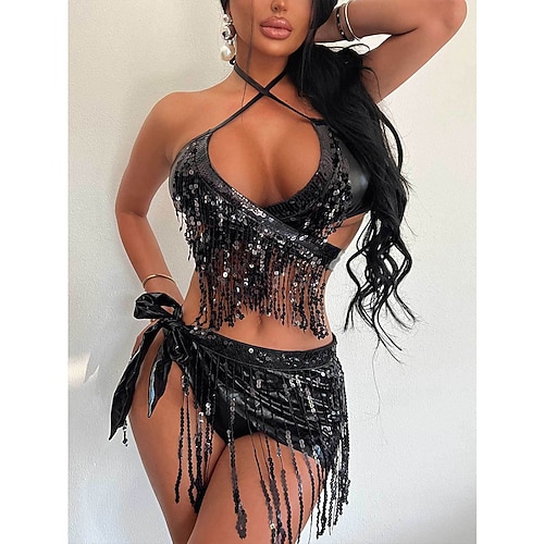 Samba Dancewear Ensemble de top court à franges en sequins argentés et mini-jupe plissée métallique pour femmes - Tenue de festival et rave pour carnaval costume de performance