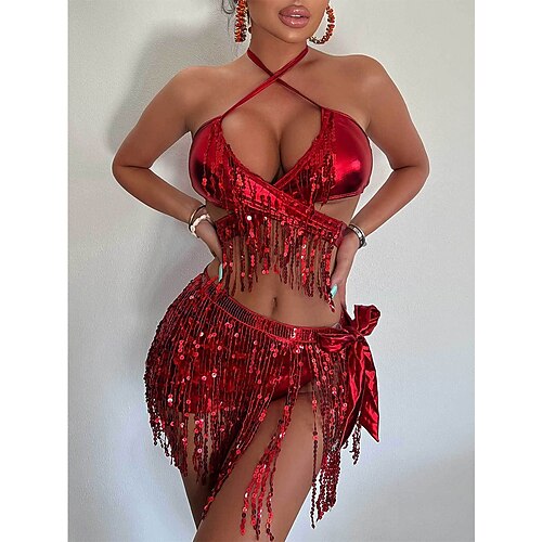 Samba Dancewear Ensemble de top court à franges en sequins argentés et mini-jupe plissée métallique pour femmes - Tenue de festival et rave pour carnaval costume de performance