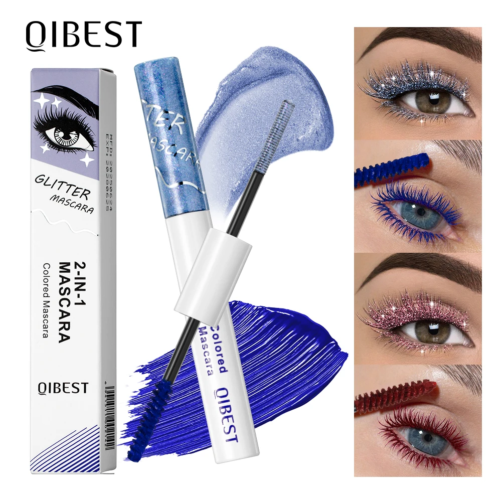 QIBEST Doppia Testa Diamante Glitter Mascara Mascara Colorato Duraturo Ciglia Rosa Blu Verde Rosso Marrone Mascara Voluminoso Rimel