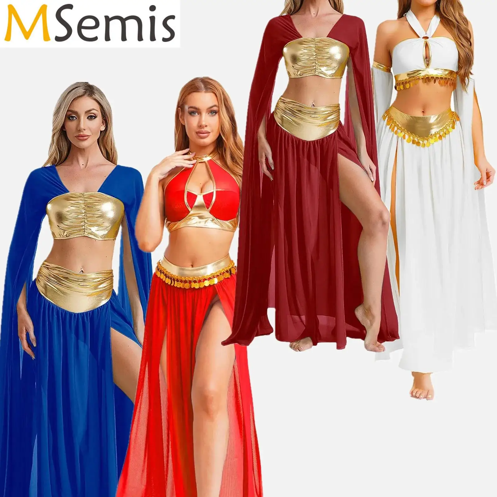 Frauen Halloween Altes Rom Ägyptische Kleopatra Cosplay Kostüm Crop Top Und Split Rock Set Karneval Indische Bauchtanz Outfits Image