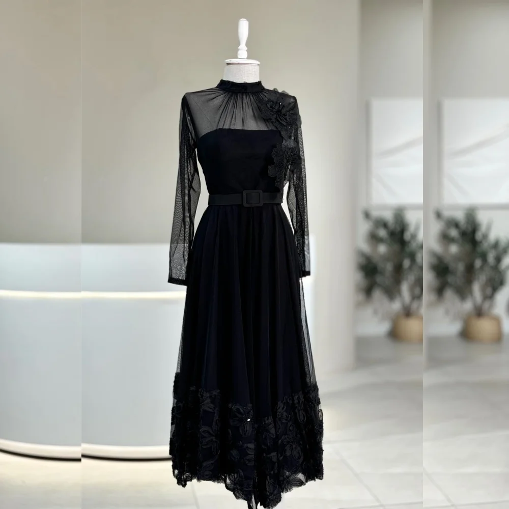 Customized Simple Sequined Flower Pleat A-line High Collar Midi Dresses Bespoke Occasion Sizes Available
