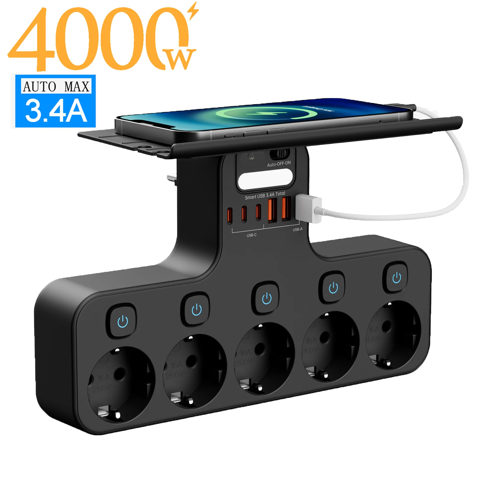 4000 W EU-Stecker Multifunktions-Steckdosenleiste zur Wandmontage, unabhängige Schalter, Sensor-Nachtlicht mit 3 USB-C, 3 USB-A-Ladeanschlüssen