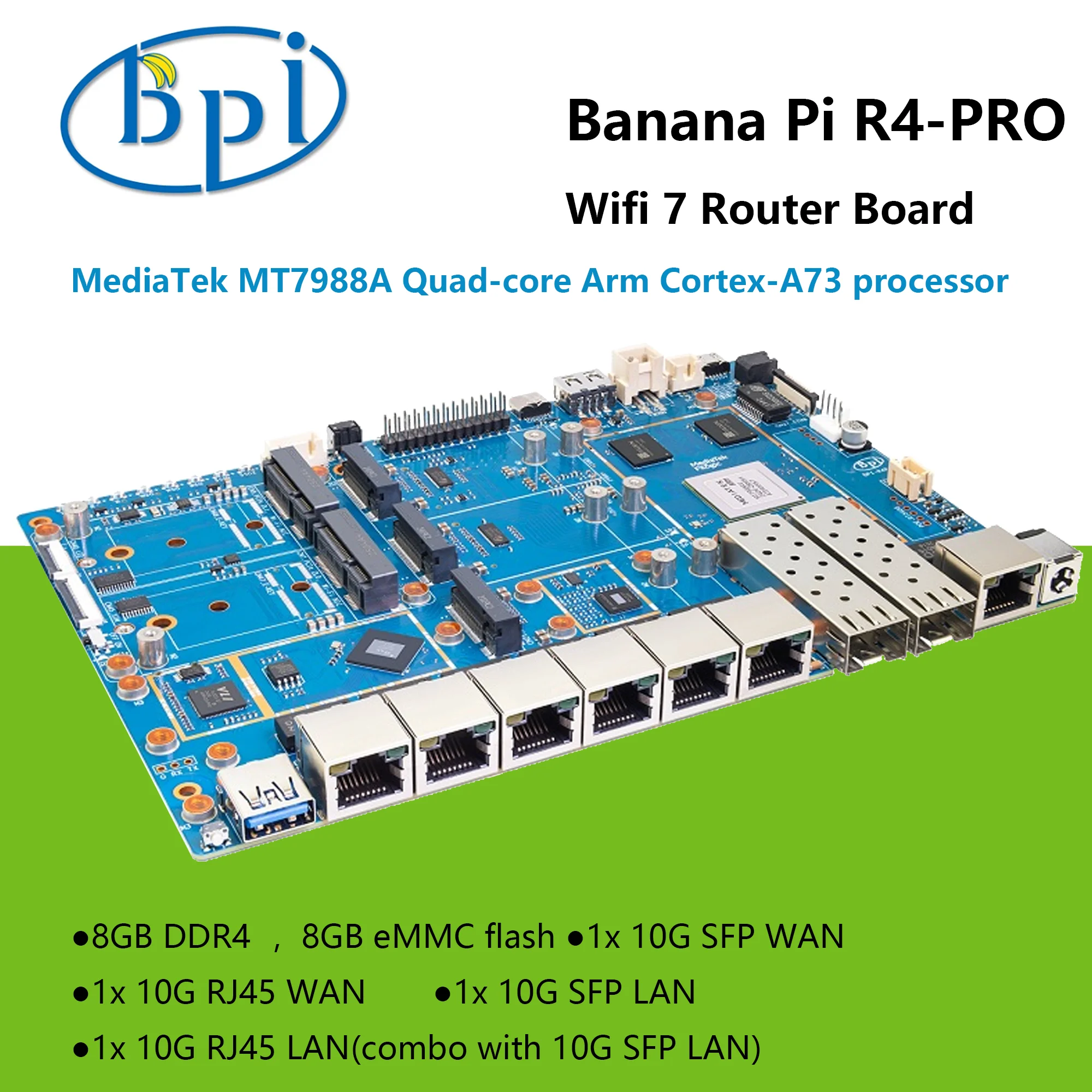 Banana Pi R4 PRO 8 GB RAM WLAN7-Routerplatine mit Kühlkörper MediaTek MT7988A Quad-Core-Arm Cortex-A73 8G eMMC Home Assistant Image