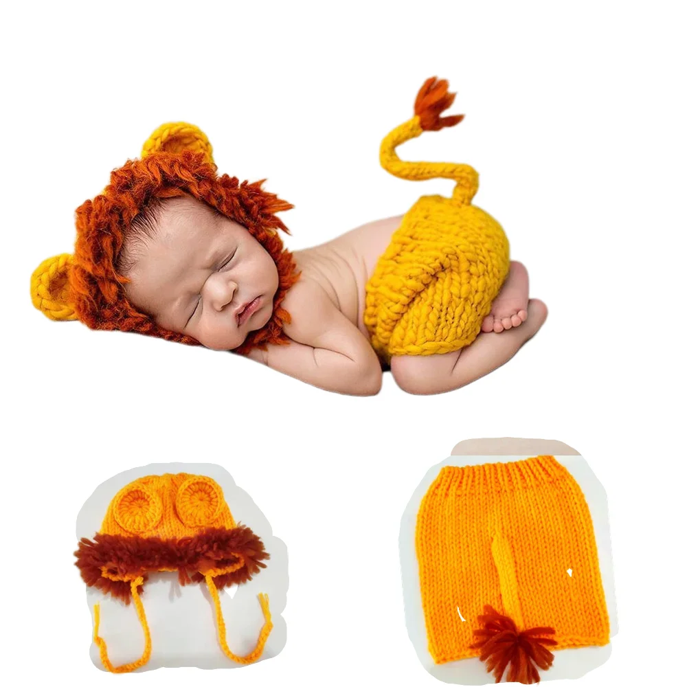 Handgemachte Häkel kostüm Halloween Fotoshooting für Baby Neugeborene Fotografie Requisiten Outfits Neugeborene Geschenke Löwen hose Set Image