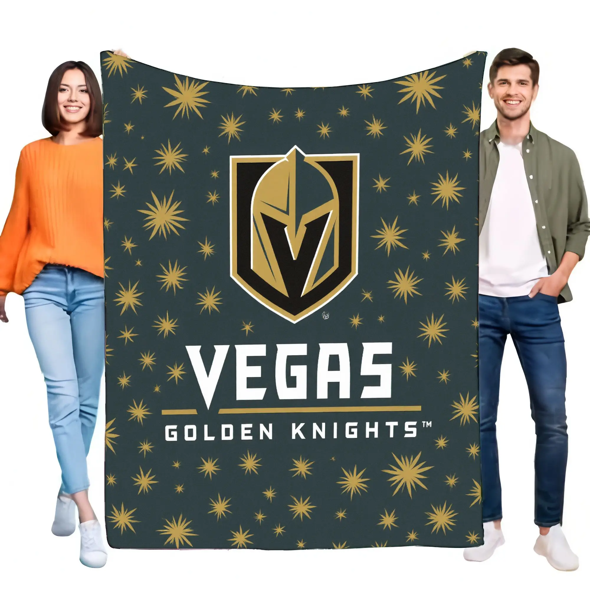 Decke mit Vegas Golden Knights-Logo, weicher dunkelgrüner Überwurf mit goldenen Starburst-Mustern, mit Ritter-Helm-Design, ideales Zuhause Image