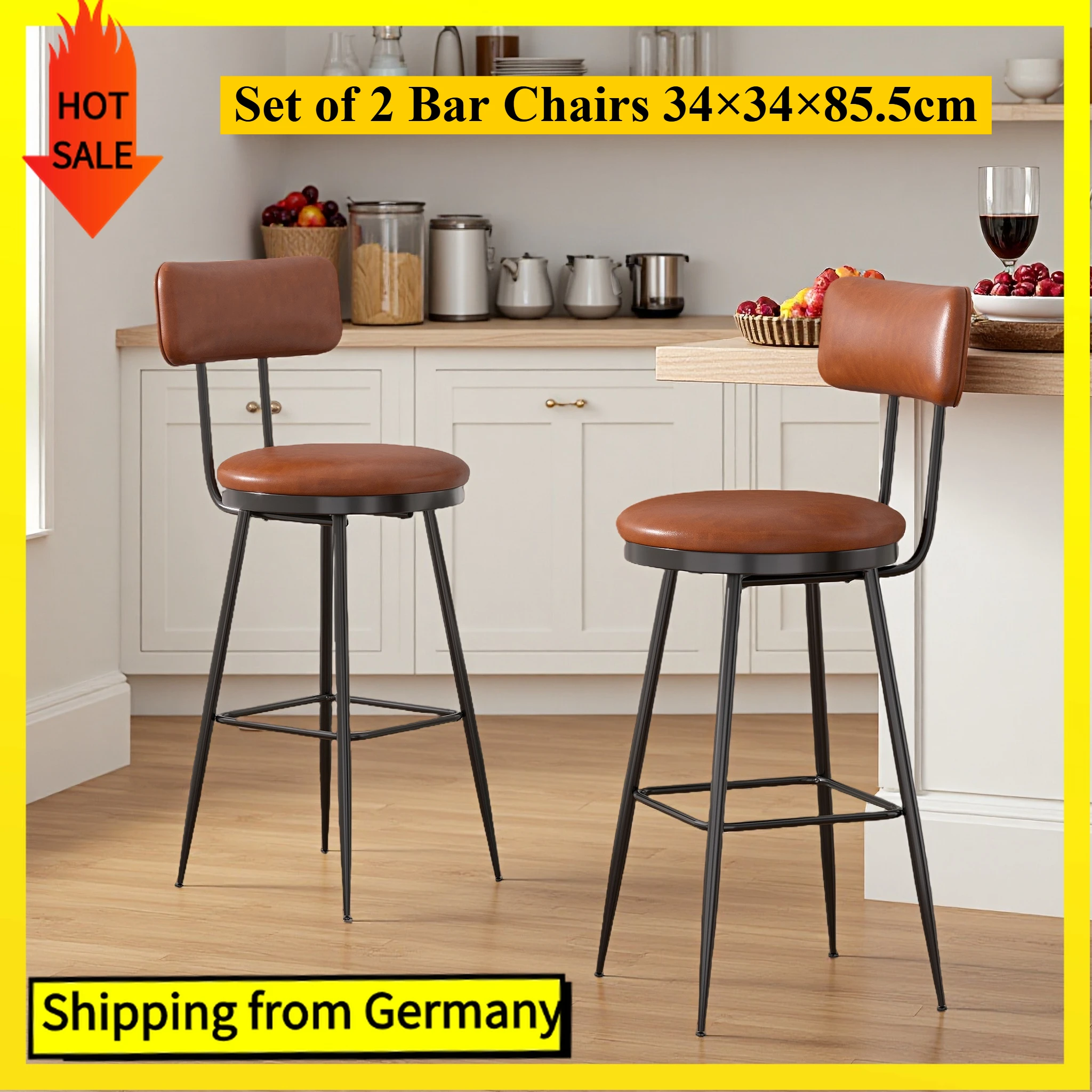 Comanlai 2er-Set Barstühle mit hoher Rückenlehne, Barhocker mit Metallbeinen, Hochstuhl für Bar, Bistro, Küchenstuhl, PU-Leder, Braun