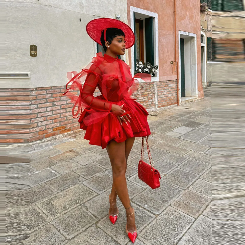 Rote zweiteilige Kleider, Party, Abendgarderobe, durchsichtiges Oberteil, Satin-Knopf, sexy Cocktailkleid, Bänder, Schleifen, sexy Mädchen-Geburtstagskleid