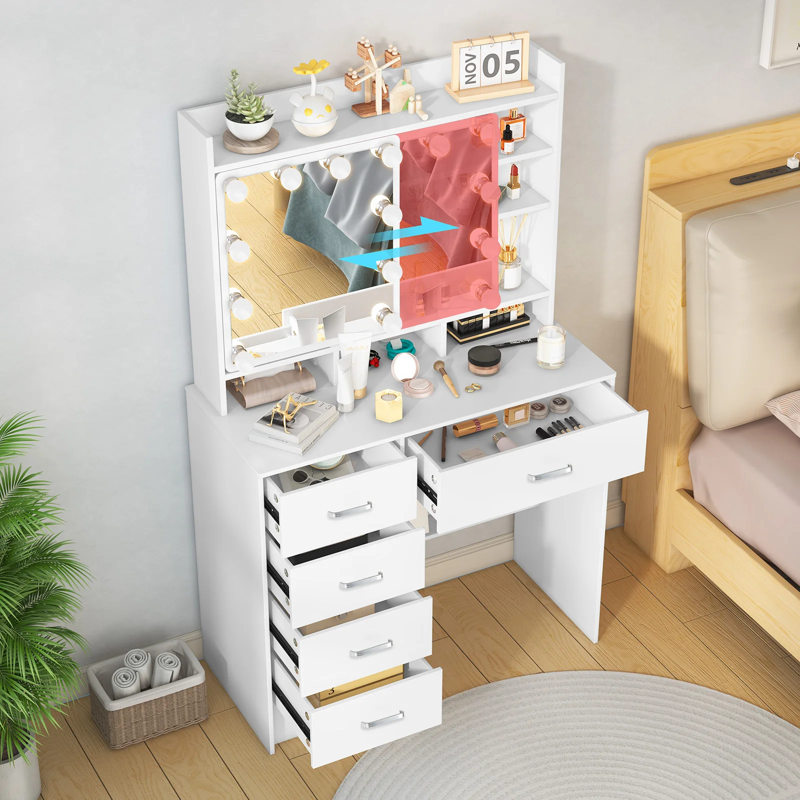 Schminktisch, Hocker, Schminkset, LED-Spiegel, Schmuckschrank, Make-up, 5 Schubladen