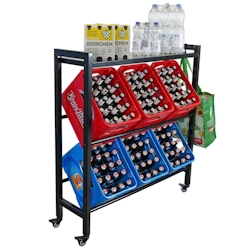 PROREGALGetränkekistenregal KÖNIGSSEE L PLUS mit Ablage & 2 Haken HxBxT 119x110x33 6 Kisten auf 2 Ebenen + Board Auf Rollen Schwarz Image