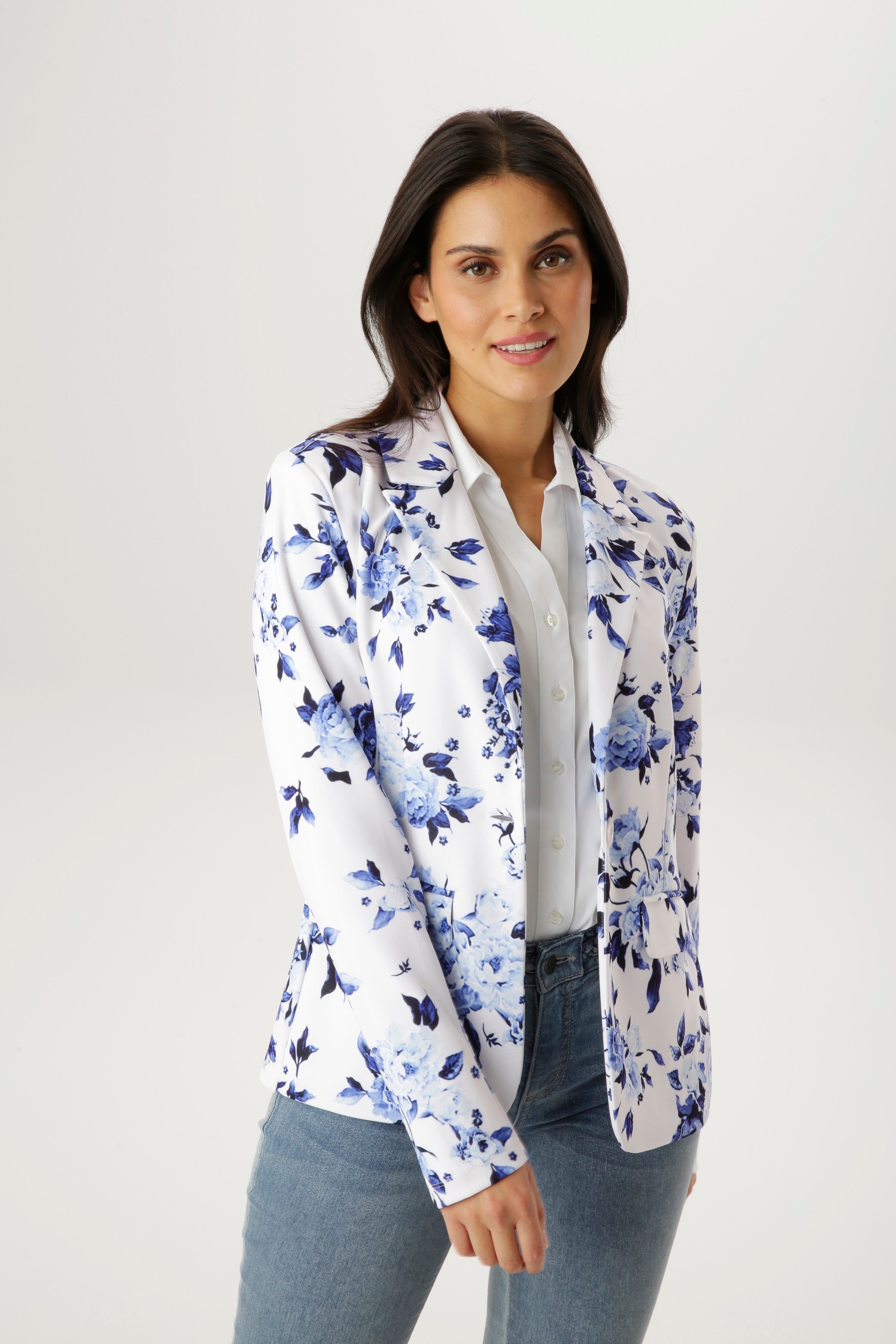 Jerseyblazer ANISTON SELECTED, Damen, Gr. 40, weiß, hellbau, blau, dunkelblau, Jersey, Obermaterial: 95% Polyester, 5% Elasthan, bedruckt, geblümt, gemustert, figurbetont hüftbedeckend, Blazer, mit floralem, romantischen Blumendruck - NEUE KOLLEKTION