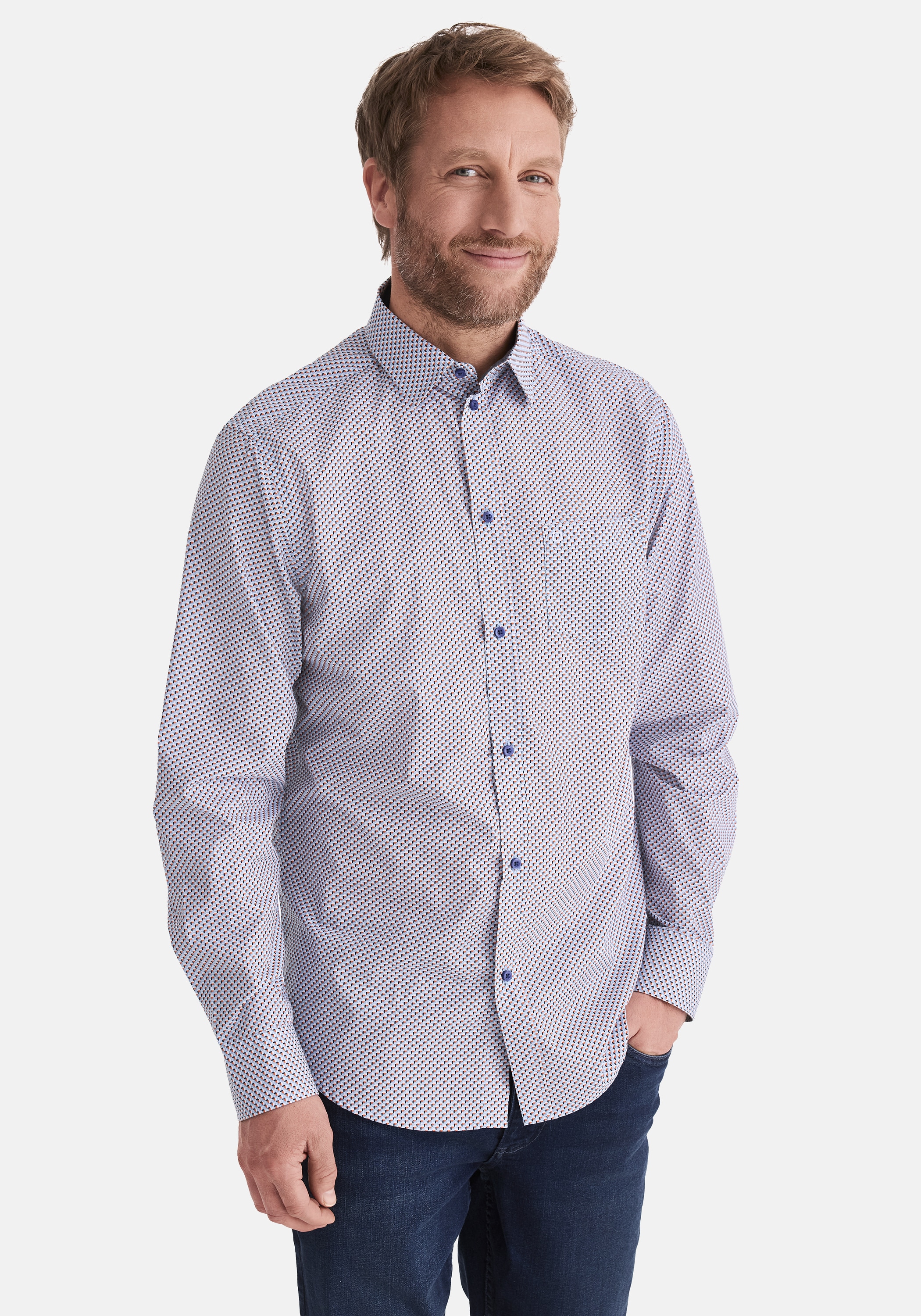 Langarmhemd STOOKER MEN "HUGH Hemd Langarm Regular Fit", Herren, Gr. L, US-Größen, blau (blau geometric), Stoff, 60% Baumwolle, 40% Polyester, regular fit, Hemden, Langarm Hemd Regular Fit für Herren